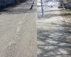 По ул.Валиханова – ул.Аксуйская, грязные тротуары, колея возле дороги, ещё и ветки мешают.