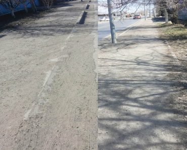 По ул.Валиханова – ул.Аксуйская, грязные тротуары, колея возле дороги, ещё и ветки мешают.
